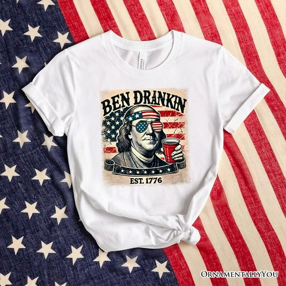 Ben Drankin Funny 4th of July T-Shirt, White, Navy and Black Patriotic Tee With Benjamin Franklin