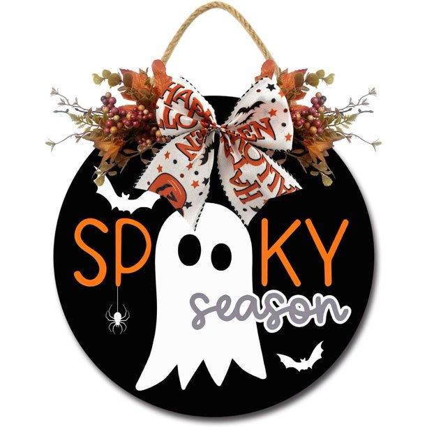 Letrero de puerta de fantasma de Halloween, letrero de temporada espeluznante para puerta de entrada, letrero colgante de fantasma de madera redondo, corona de Halloween, decoración para fiesta de par