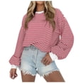 thumbnail image 2 of Tanghaowl Women Sweatshirt Trendy Women Striped Color Block Long Sleeve Crew Neck Pullover T Shirt with Fashionable Design Pink L, 2 of 4