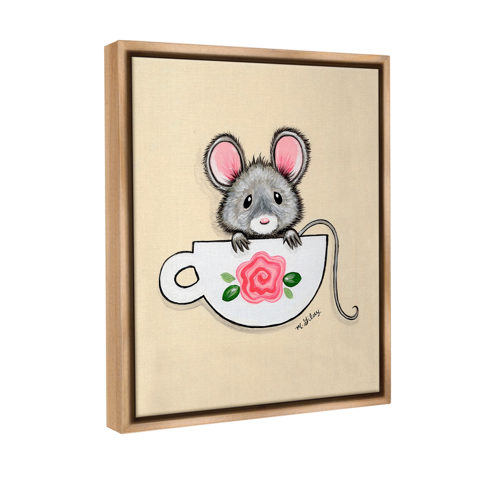 Stupell Industries Mouse in Teacup Animals & Insects Painting Brown Floater Framed Canvas Art Print Wall Art, 17 x 21