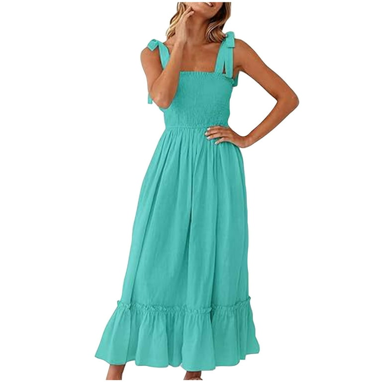 Cagogo Ladies Homecoming Dresses Summer Casual Square Neck Sleeveless Tie  Strap Smocked A-Line Flowy Tiered Long Maxi Pleated Sundresses Boho White  Evening Dress - Walmart.com