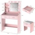 thumbnail image 2 of Bingirl Vanity Desk with Mirror and LED Lights - Makeup Vanity Desk with Power Outlet and Cushioned Stool - Dressing Table with 2 Drawers and 3 Lighting Modes Adjustable Brightness for Bedroom - Pink, 2 of 8