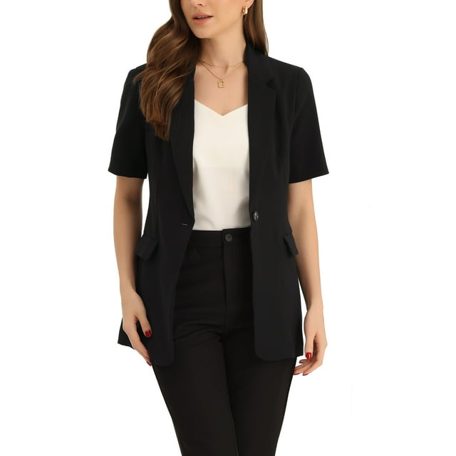 Blazer de solapa INSPIRE CHIC para mujeres, de manga corta, con botones, abierto en la parte delantera, blazers de oficina con bolsillos, negro, talla L