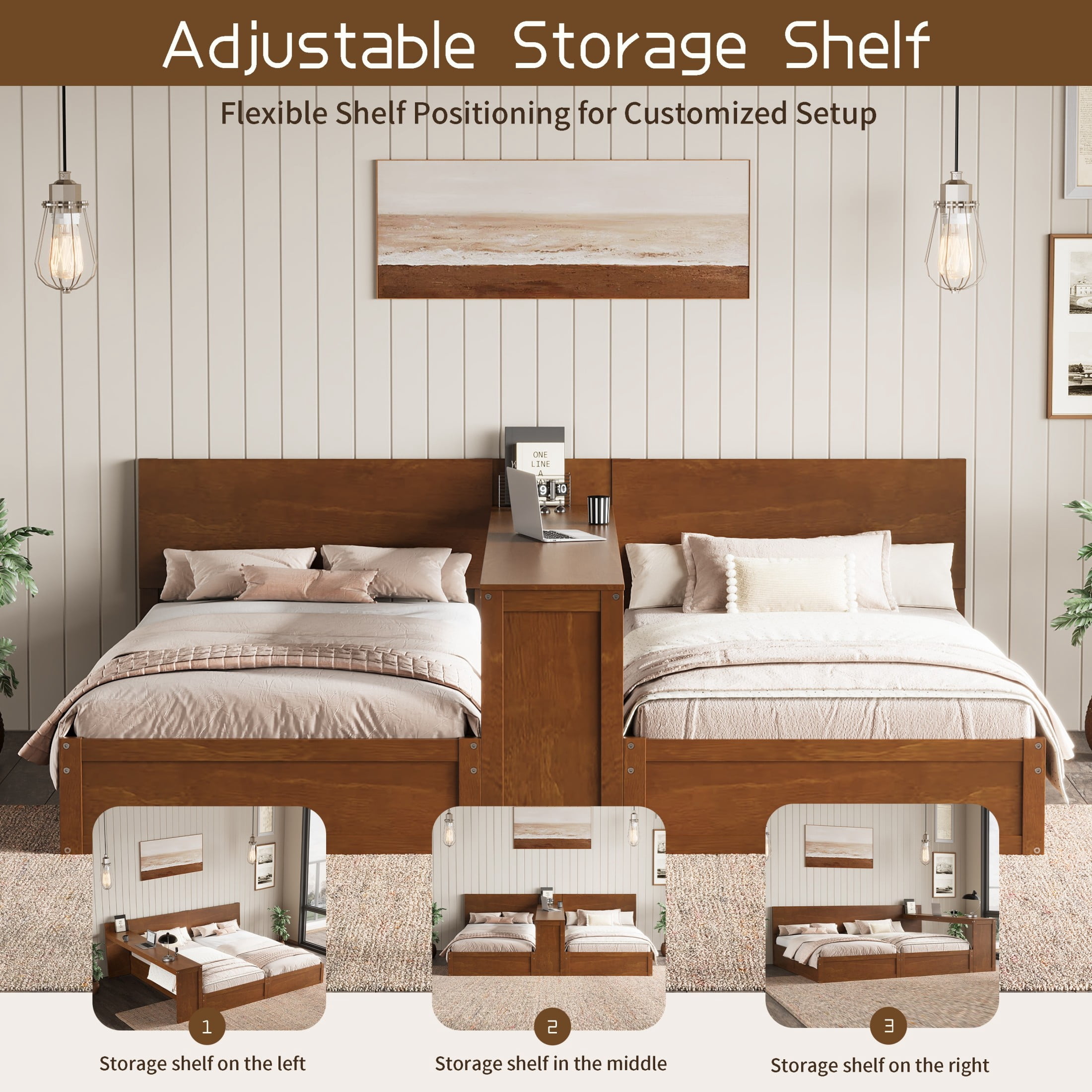 Noble House Girel Twin Platform Bed Frame Set for 2 Kids with Adjustable Storage Desk, Space-Saving Design, Walnut