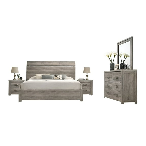 Roundhill Furniture Floren 5-Piece Contemporary Wood Queen Bedroom Set, Weathered Gray