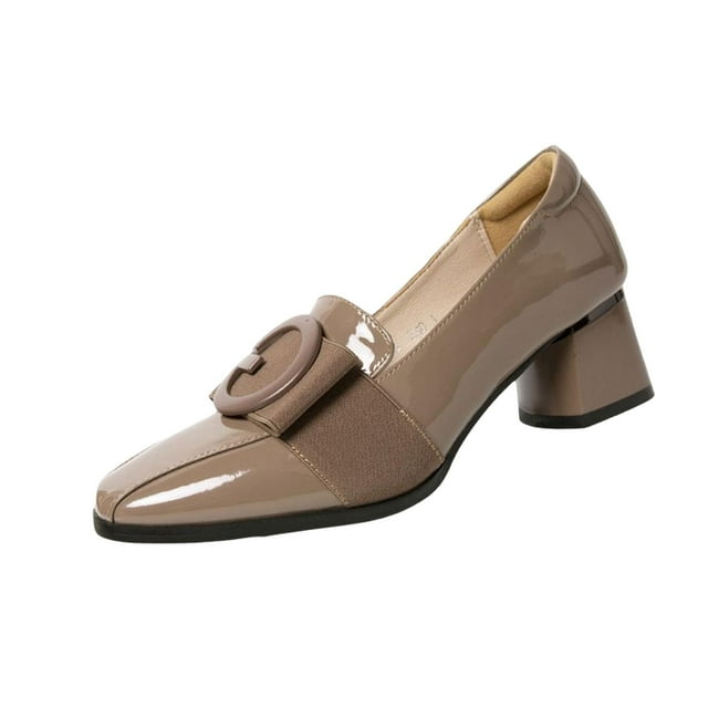 Zapatos de vestir con punta cuadrada y tacones bajos gruesos para mujer, cómodos zapatos de tacón de cuero sin cordones para fiesta de boda Sunnimix Mujer tacón bajo