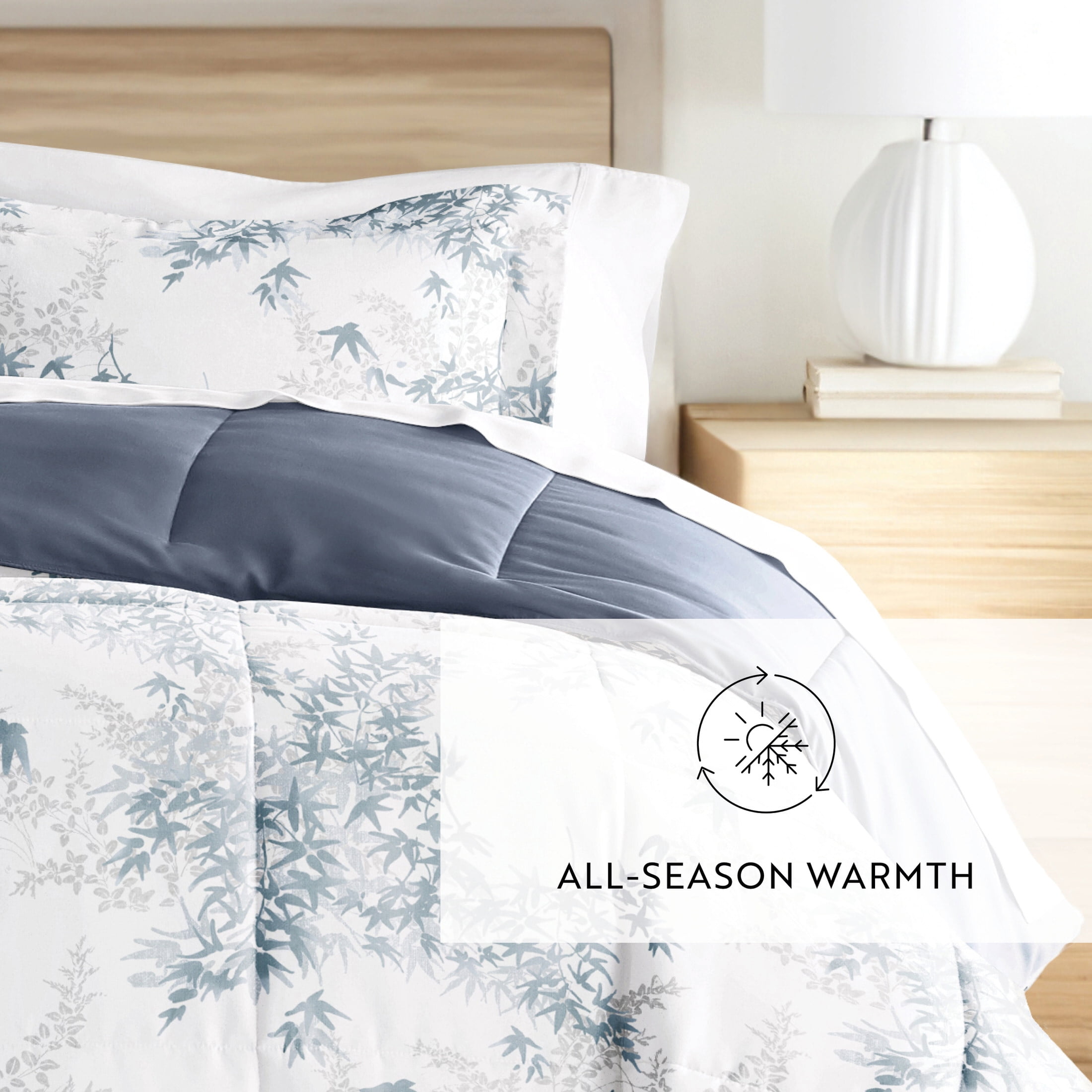 Noble Linens Down Alternative Bamboo Leaves Blue Stone Reversible Comforter Set