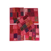 Mogul Indian Vintage Handmade Patchwork Sofa Cushion Cover Pink Embroidered Ethnic Decorative Cushion Cover 16x16 Set Of 5