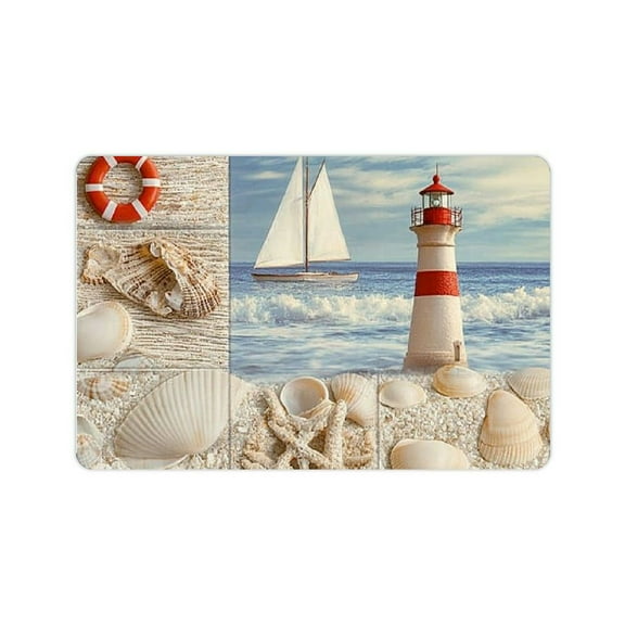 BCIIG Nautical Bath Mat, Marine Sail Boat Life Starfish Lighthouse Sand Shell Sea Life Collage Design, Plush Bathroom Decor Mat with Non Slip Backing, 24x16in