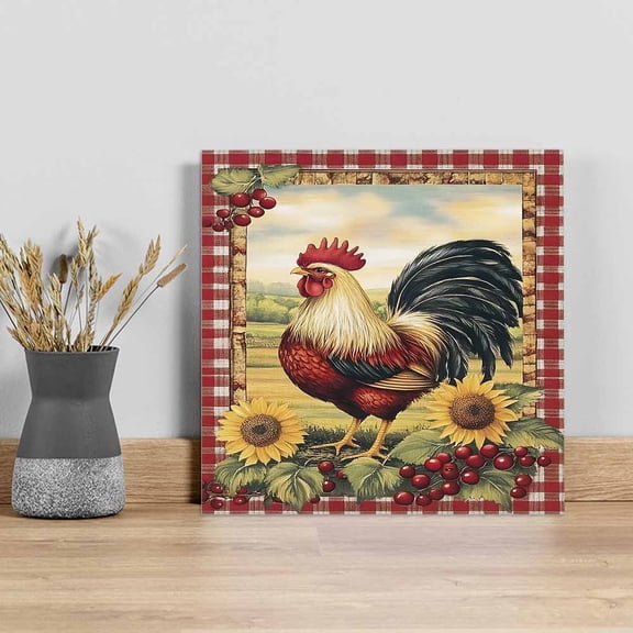 Vintage Rooster Wall Art Painting on Canvas, Pastoral Watercolor Sunflower Plaid Canvas Art Home Prints Wall Art Framed Modern Artwork for Living Room Bedroom Wall Decor 8x8in