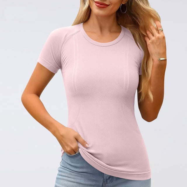 Uootdi Hauts à Manches Courtes pour Femmes Col Rond Sans Couture Tricot Compression Ajusté Doux Respirant Chemises Décontractées de Sport Cadeau