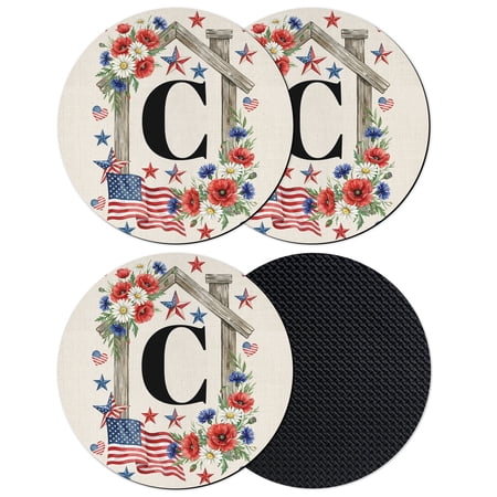 Rustic Letter C Coasters Set of 4 Absorbent Coasters for Drinks 4th of July Patriotic Flower Star Stripe Flag Coaster for Desk Coffee Table Protection Home Decor House Warming Gifts 4