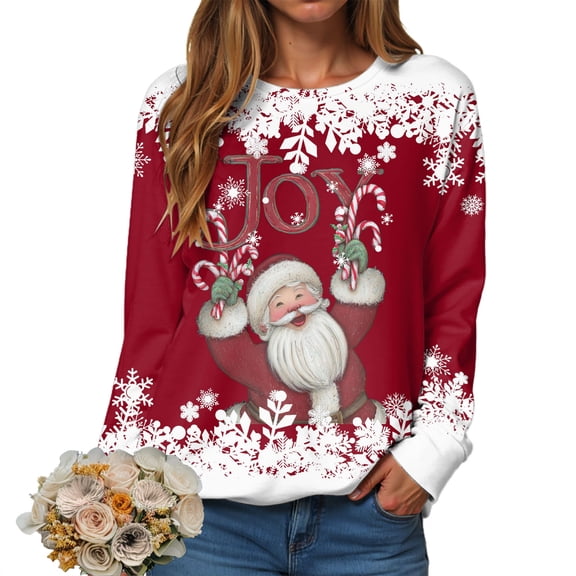 Kaprioy Womens Long Sleeve Sweatshirts Casual Pullove Christmas Print Festival Graphic Sweatshirt Crewneck Loose Fall Fashion Clothes Red, S