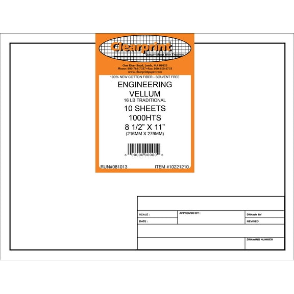 Clearprint 1000H 8.5" x 11" Design Vellum Sheets with Engineer Title Block, 16 lb., 100% Cotton, 10 Sheets/Pack