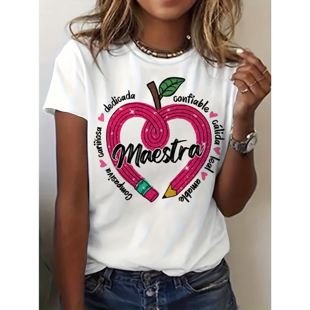 Women'S Spanish Teacher Heart Graphic T-Shirt - "Maestra" Print, Short Sleeve Crew Neck Casual Top for Spring & Summer, Bright Colors, Soft Fabric, Perfect for Educators, Summer Top | Heart Motif Top