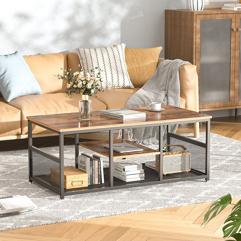 VECELO 39-Inch Coffee Table With Storage - Industrial X-Frame Design, 2 Open Shelves, Brown Finish