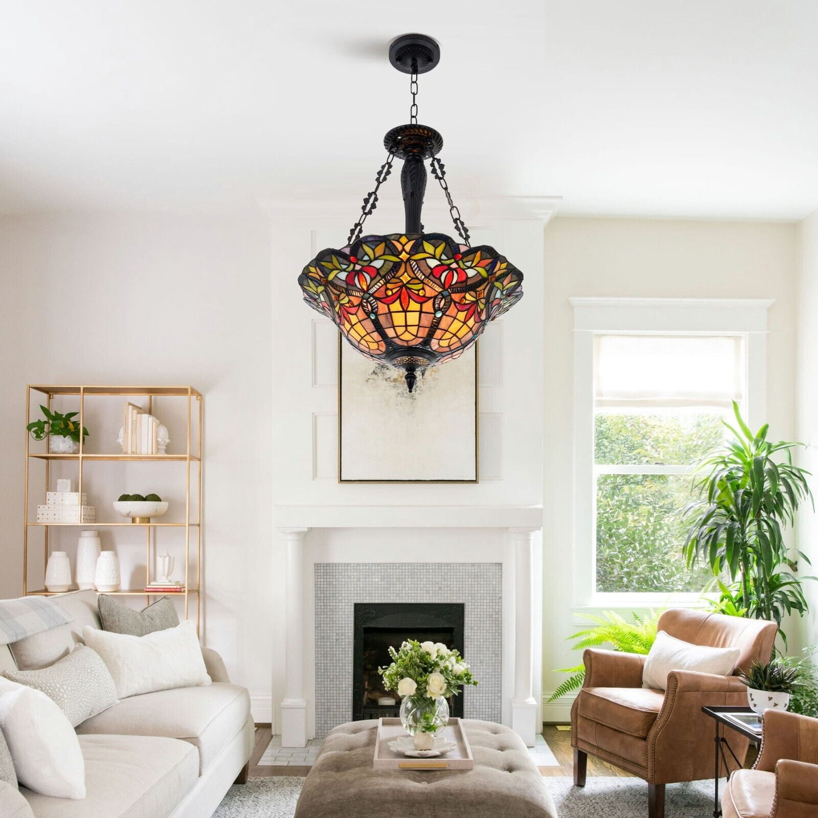 AFANQI 18 inch Tiffany Style Chandelier, 3 Light Stained Glass Dining Room Hanging Chandelier