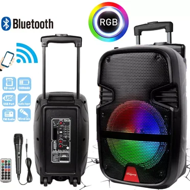 Curuk Portable Bluetooth Portable Speaker 8" Woofer PA System w/ Mic RC LED Handle Wheels