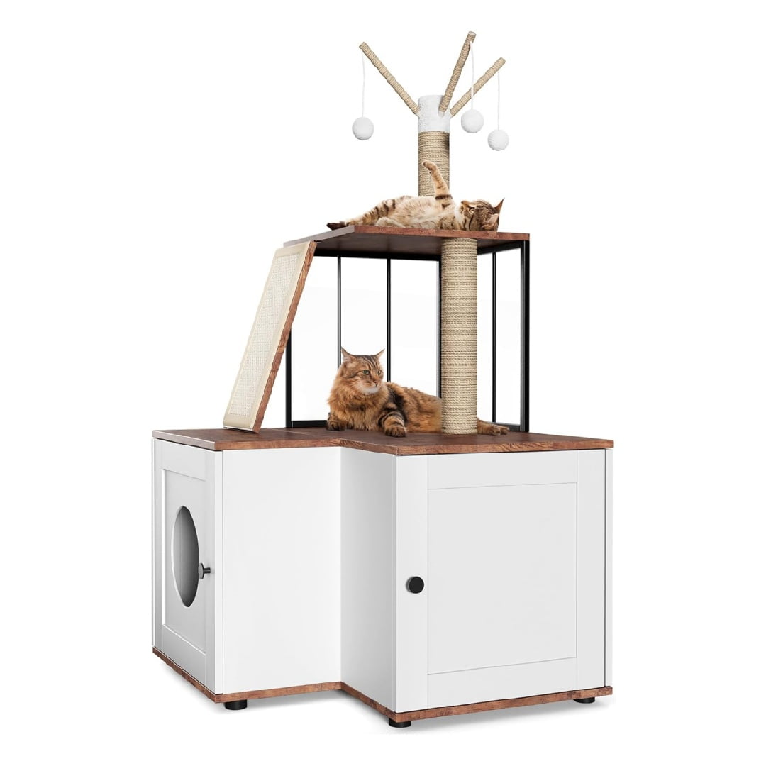 Pet Cat Litter Cabinet, Cat Litter Box Enclosure with Scratching Post, Hanging Balls, 2-in-1 L-Shaped Corner Cat Litterbox with Storage Cabinet