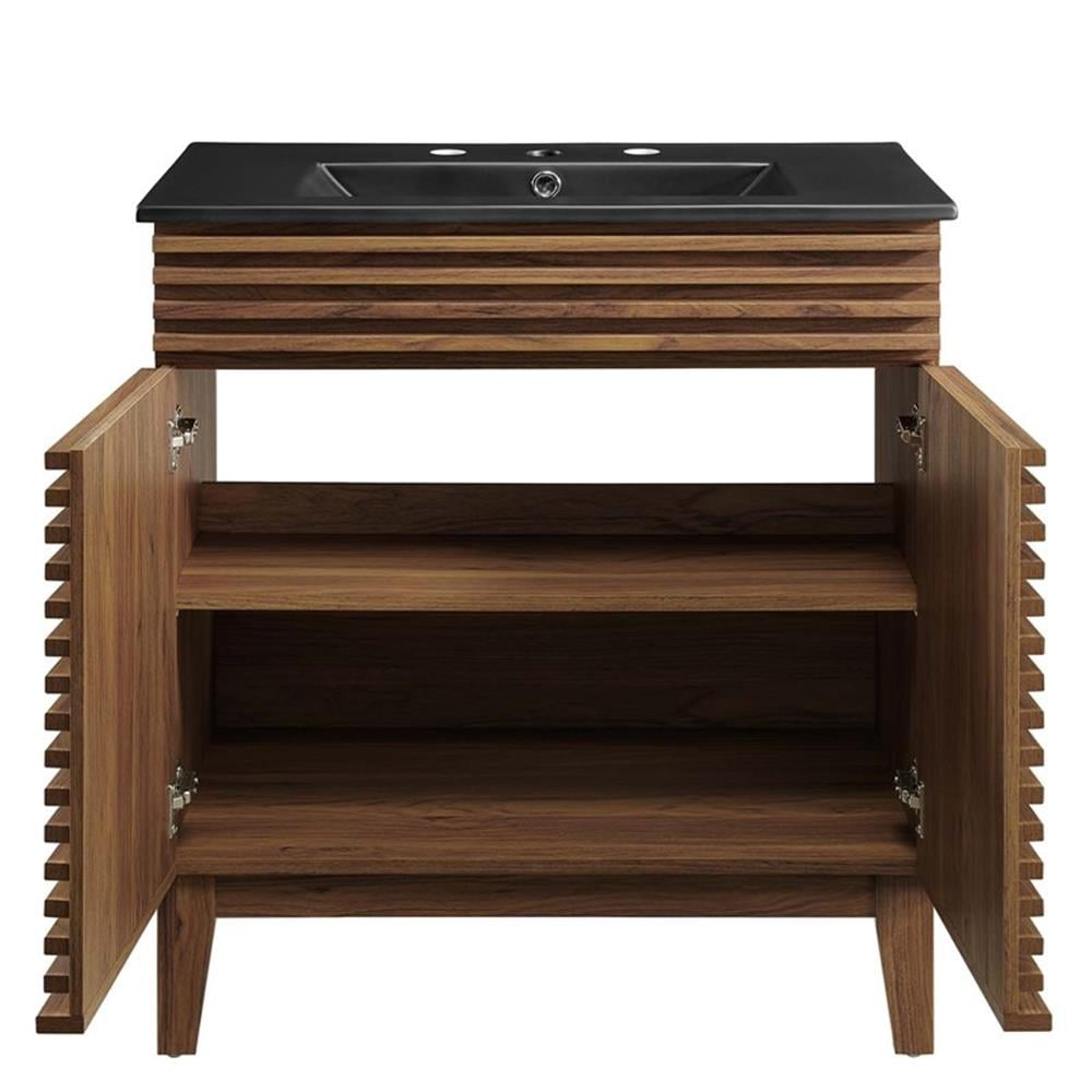 Pemberley Row Wood and Ceramic Walnut and Black Bathroom Vanity Rectangular Adjustable Shelf 30" Unassembled