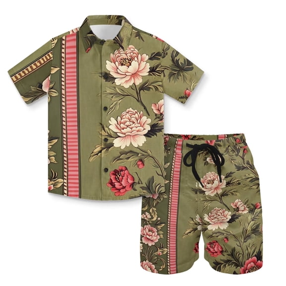 Uourmeti Kids Peony Luau Shirts and Swim Trunks for BoysShort Sleeve Button Down Tops Blouse Toddler Boy's 2 Piece Summer Outfits Size 6 Year