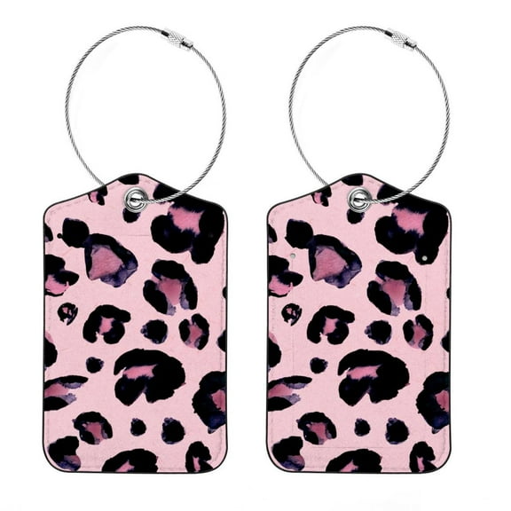 Luggage Tag, Travel Tags, Handbag Tag - Square PU Leather 2 Pack with Privacy Cover and Stainless Steel Ring - Suitable for Travel, Backpack, Handbag [Amazon Approved] Leopard Texture