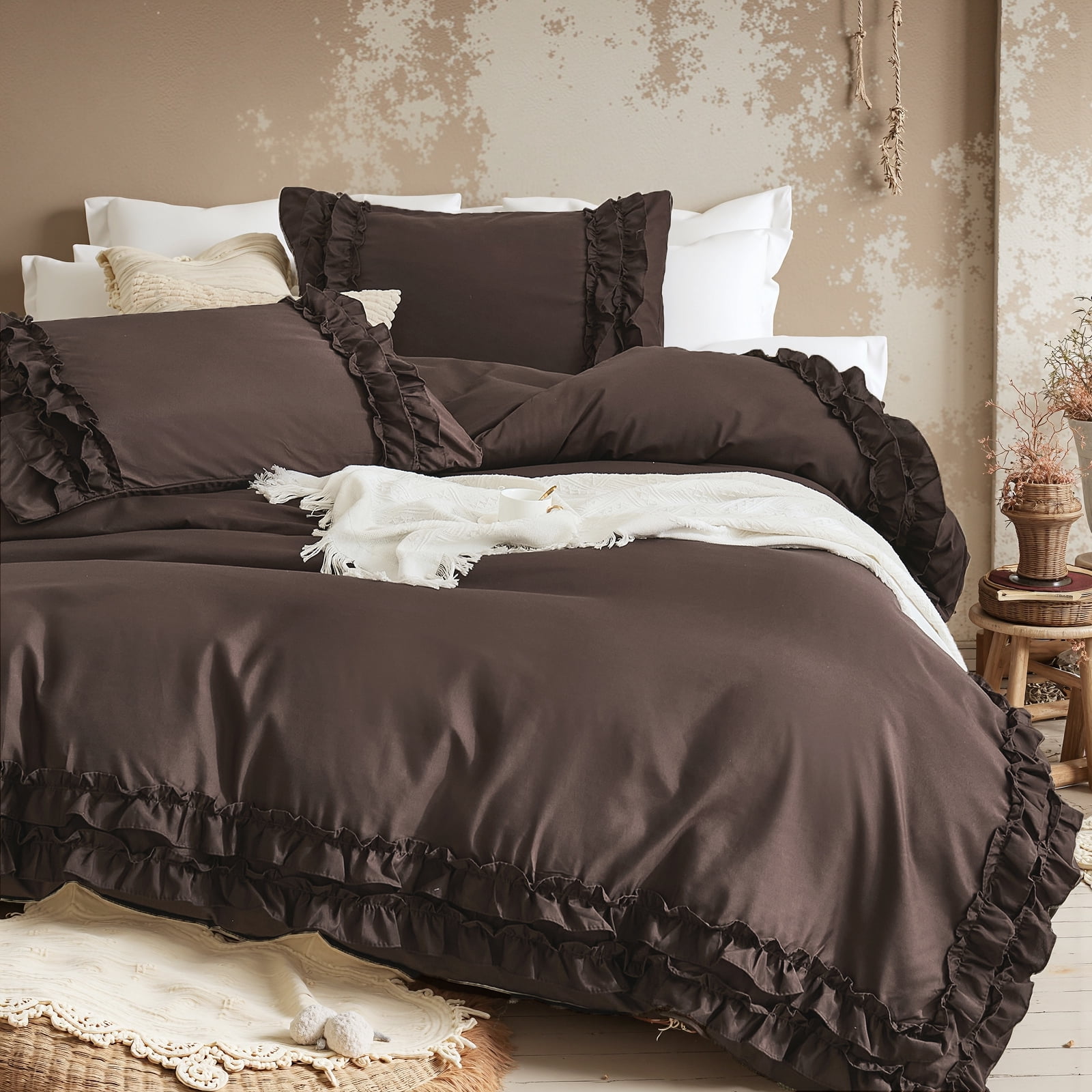 Dark Brown Ruffle Duvet Cover Set Queen Size Shabby Chic Bedding Set Ruffled Farmhouse Chocolate Comforter Cover Boho Duvet Cover Set