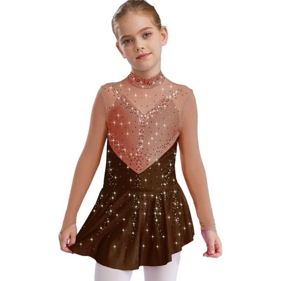 YiZYiF Kids Girls Figure Skating Dance Dress Long Sleeve Gymnastics Performance Leotard Dress Brown 8