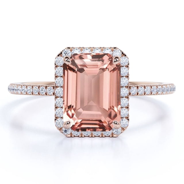 JeenMata Anillo de Compromiso de 1,75 Quilates con Halo de Morganita Creada en Color Rosa Melocotón con Corte Esmeralda en Oro Rosa de 18 K sobre Plata