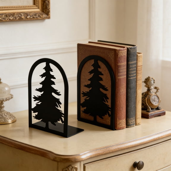 Decorative Tree Metal Bookends for Shelves, Heavy-Duty L-Shaped Book Stoppers with Non-Slip Pads, Black Book Holder Set, 7 Inch, For Home Office Library and Campus