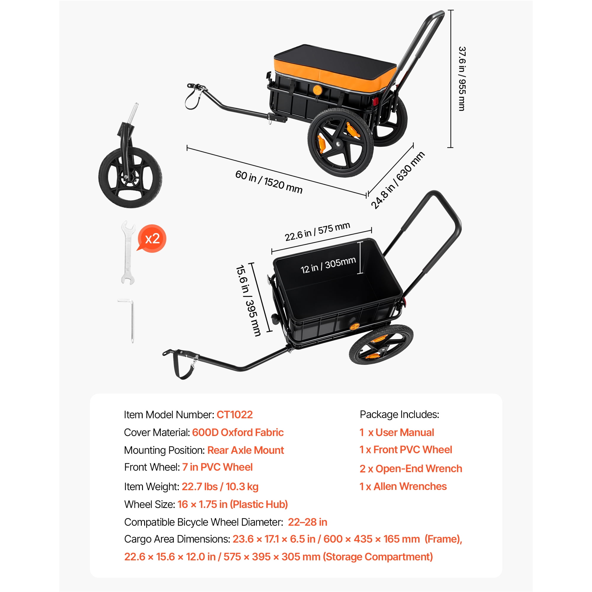 KFFKFF Bike Cargo Trailer 100 lbs 2-in-1 Pushcart Durable Bicycle Wagon, Cart with Weatherproof Cover, 7 in & 16 in Wheels, Reflector, Sturdy Steel Frame, Compatible with 22-28 in Bike Wheels