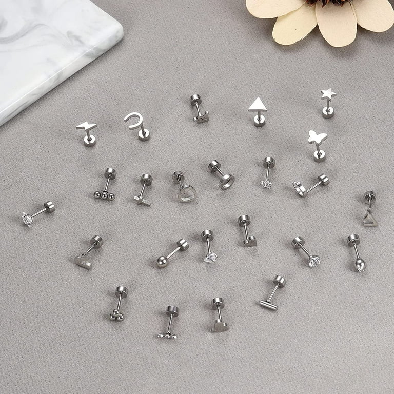 JStyle 24pairs Hypoallergenic Screw Back Earrings for Girls Women Surgical Steel Tiny Heart Flower Flat Back Stud Earrings Cute Earrings Jewelry Set