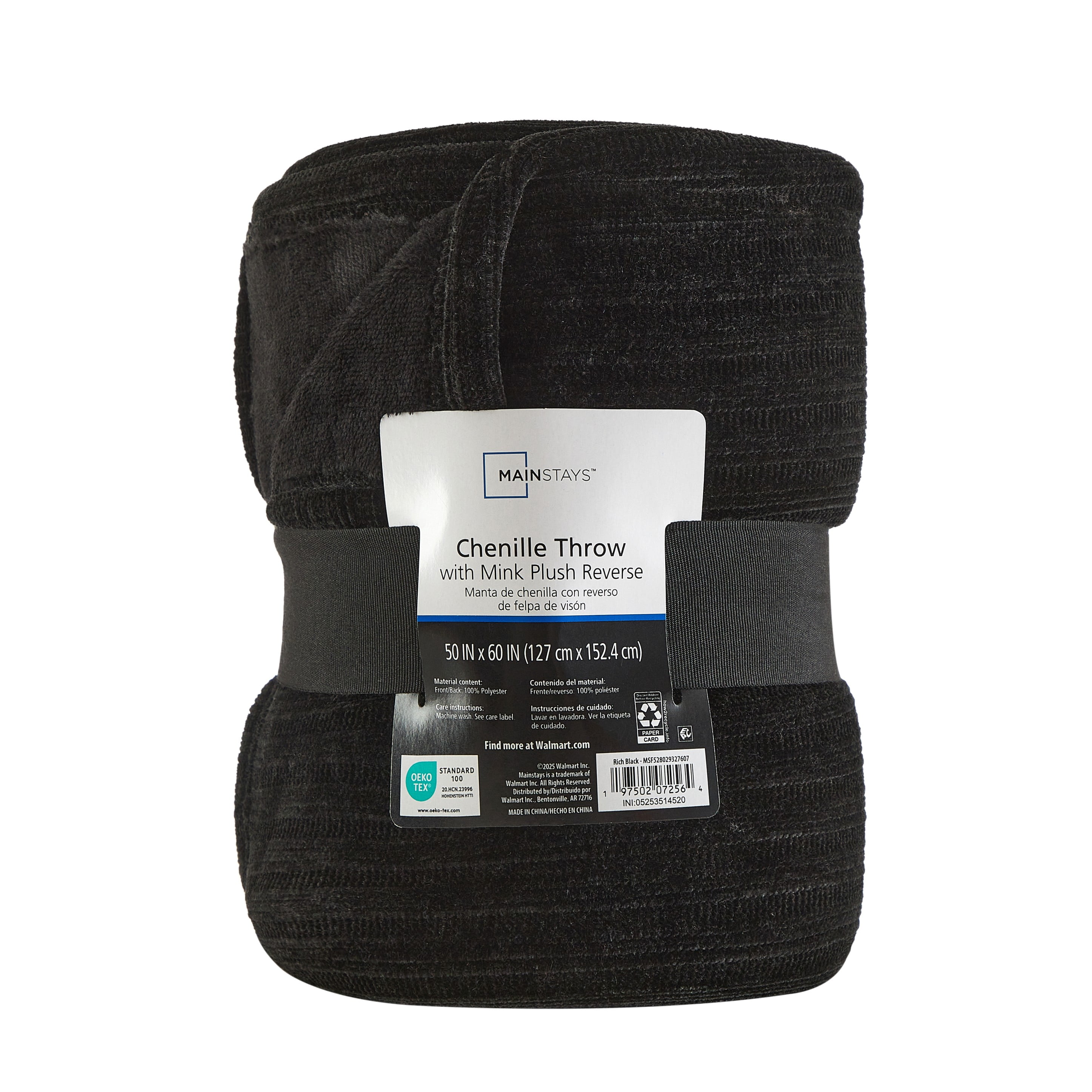 Mainstays Cozy Chenille Reverse to Plush Soft Couch Throw, Rich Black, Standard Size