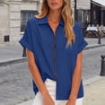 thumbnail image 2 of larppty Womens Summer Shirts Lapel Collar Short Sleeve Full Zipper Blouses Fashion Casual Tops with Pockets（Dark Blue， S）, 2 of 9