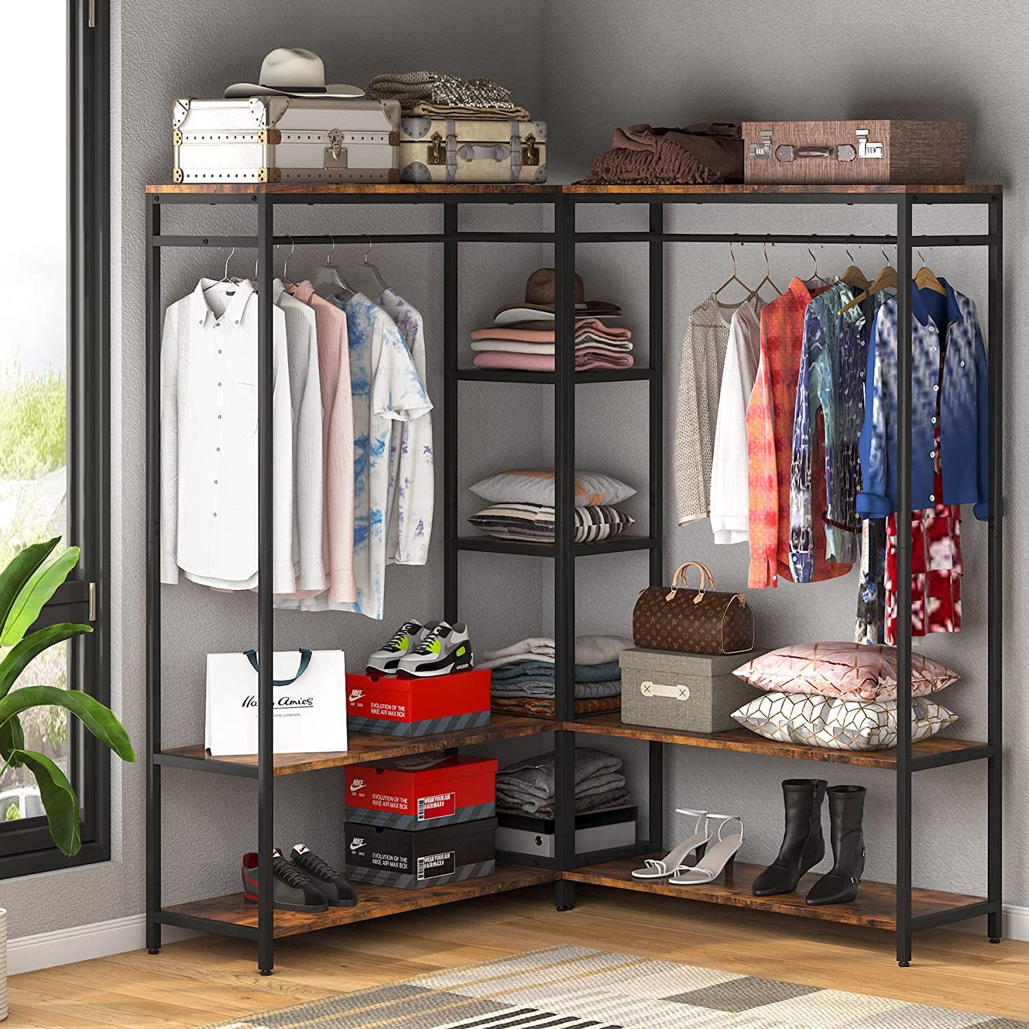 Tribesigns L Shape Clothes Rack, Corner Garment Rack with Storage Shelves  and Hanging Rods, Space-Saving Large Open Wardrobe Closet