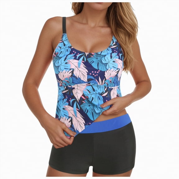 Rotm Womens Swimsuits Tankini 2026 Women Two Piece Tankini Swimsuit Tummy Control Plus Size Long Torso Top and High Waisted Boyshorts Bathing Suits Blue,2XL