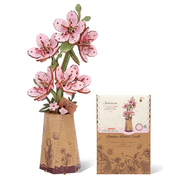 ROBOTIME Wooden Artificial Flowers 3D Puzzle-Sakura, DIY Wooden Flower Model Craft Kits for Adults to Build, Valentine's Day Mother's Day Gifts for Women Adults