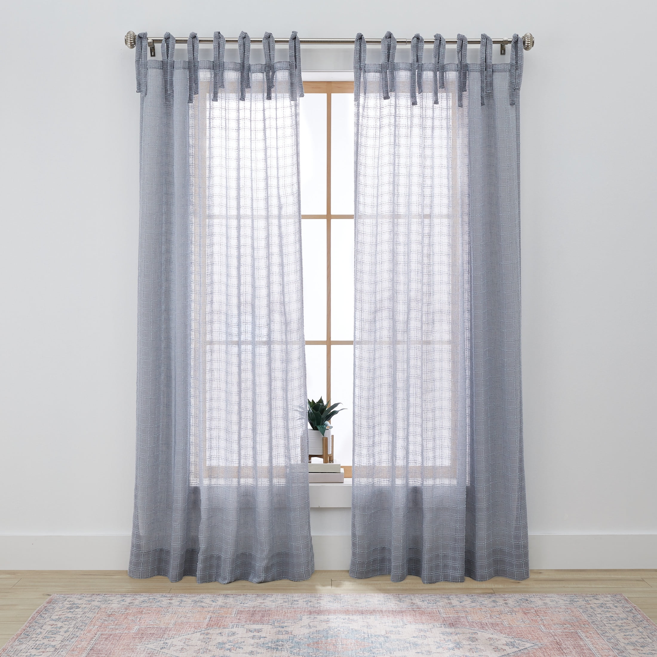 (2 pack) Better Homes & Gardens Sheer Windowpane Stitch Tie Top Single Curtain Panel, Soft Silver, 50" W x 84" L
