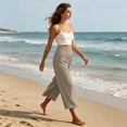 thumbnail image 4 of Linen Capri Pants for Women Loose Wide Leg Cotton Gaucho Pants Elastic Waist Flowy Dressy Trousers, XL, 4 of 6