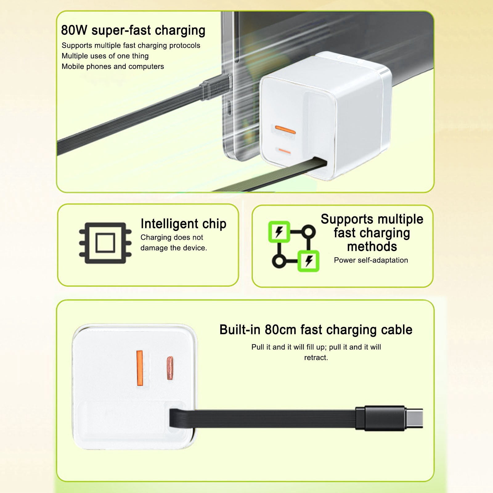 JoyHoop 80W Retractable Wall Charger with Built-in USB-C Cable, 3-in-1 Fast Charging for Laptops and Phones, White