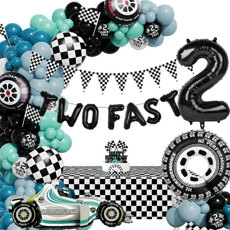 Two Fast Birthday Decoration, 2nd Race Car Birthday Party Decorations for Boys, Balloons Cake Topper Tablecloth Racing Cars Themed