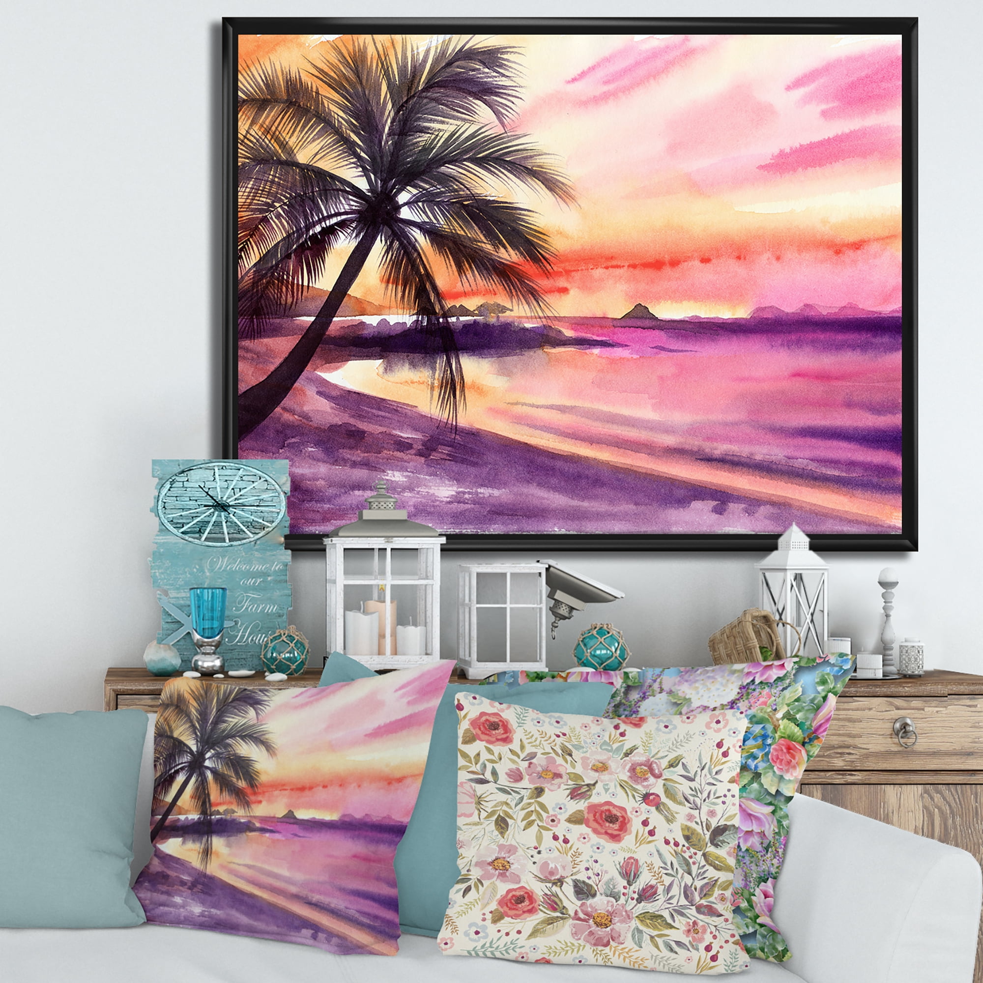Designart 'Purple and Pink Palm Beach Sunset' Nautical & Coastal Framed Canvas Wall Art Print