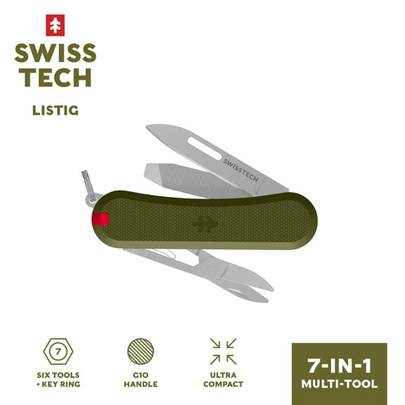 Swiss Tech Listig 7-in-1 Folding Multi-Tool, Compact Single Edge Pocket Knife with Scissors, Olive G10 Handle