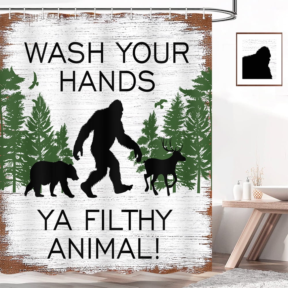 Retro Country Funny Animal Shower Curtain Rustic Vintage Forest Chimpanzee Brown Bear Deer Farmhouse Bathroom Curtain Polyester Fabric Waterproof Shower Curtain Set with 12 Hooks, 60X70IN