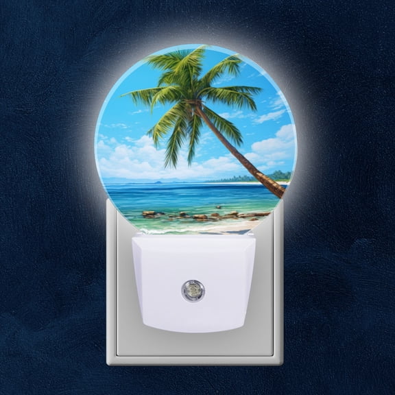 Round LED Night Lights Lamp with Dusk to Dawn Sensor, Beautiful Beach With Palm Trees And Blue Sky Night Light Plug Into Wall for Kids Room, Bedroom, Bathroom, Kitchen, Hallway