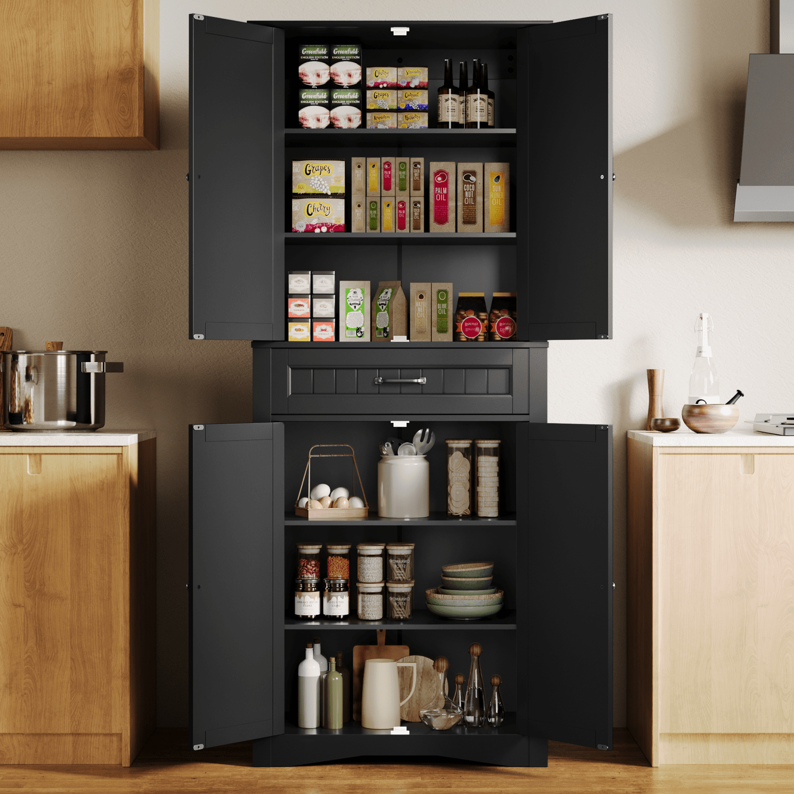 71" Tall Freestanding Storage Cabinet, 4 Doors, Adjustable Shelves and Large Drawer, Multi-Purpose Cabinet for Home Black