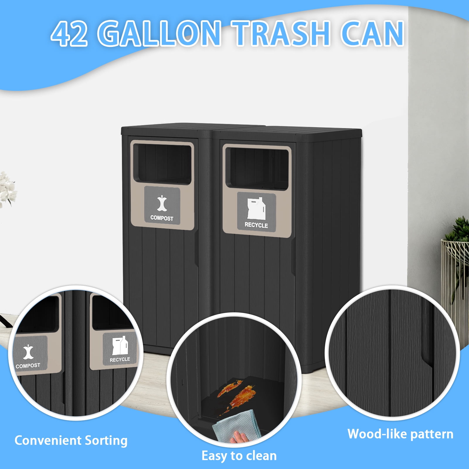 MAYEERTY 2x80L Outdoor Dual-Bucket Sorting Waste Bin (Compost & Recycle), Weather-Resistant Trash Can for Patio Yard Garden