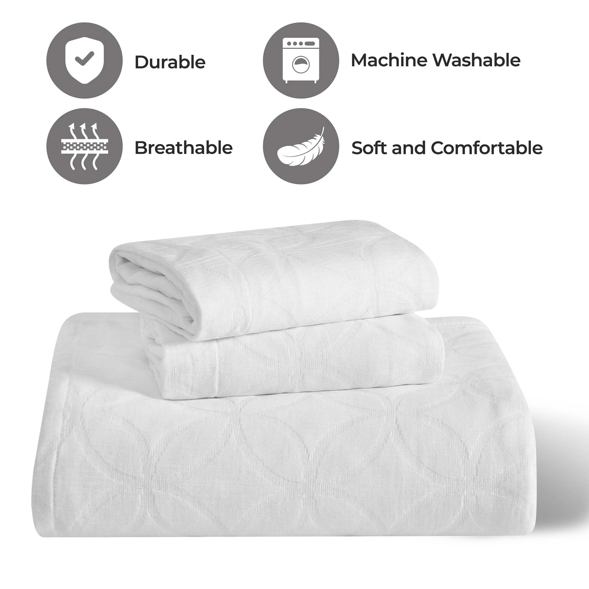 Superior 3-Piece Serenity Cotton Matelasse Line Bedspread Set, Oversized Bedspreads, Full, White