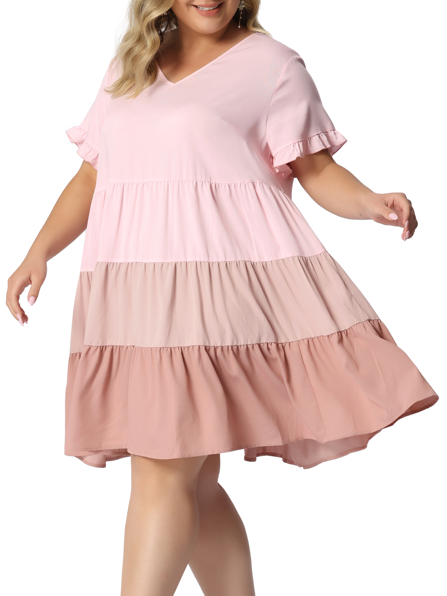 DARING DIVA Babydoll Ruffle Flowy Swing Hem Chambray Mini Dress 1X Pink