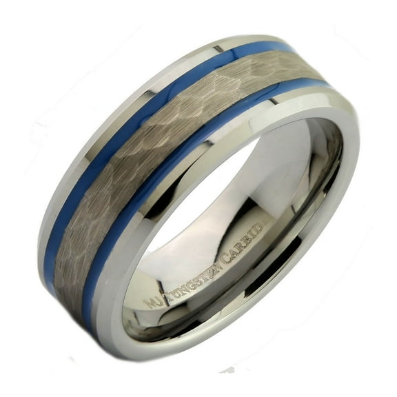 MJ Metals Jewelry Men's / Women's White Tungsten Carbide 8mm Hammered Center Blue Resin Striped Ring